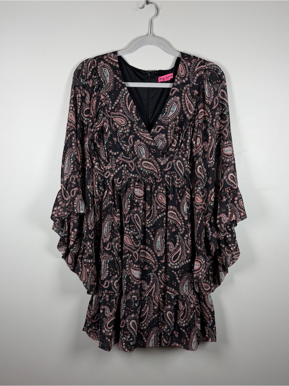 Betsy Johnson Bambi Black Pink Paisley Vneck Flared Bell Sleeve Whimsy Fall Sz 6